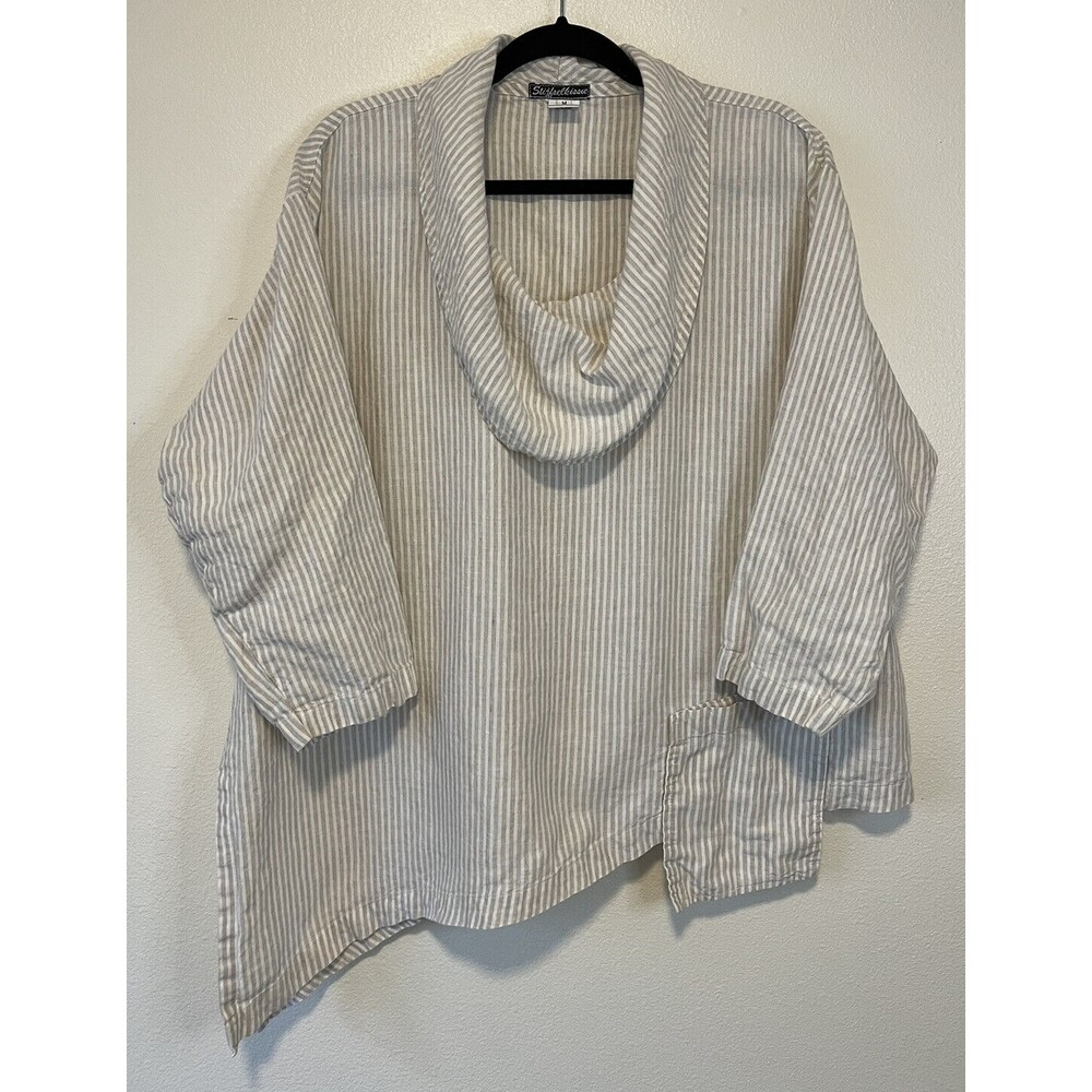 Stijfselkissie 100% Linen Top Size Medium Tan White Stripe Cowl Neck 3/4 Sleeve
